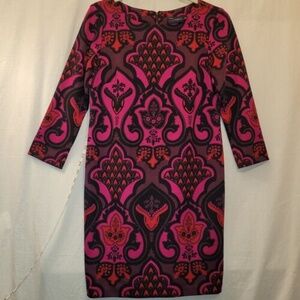 Just Taylor Pink Purple Sheath 3/4 Sleeve Paisley Floral Dress Stretch Knit Sz 4